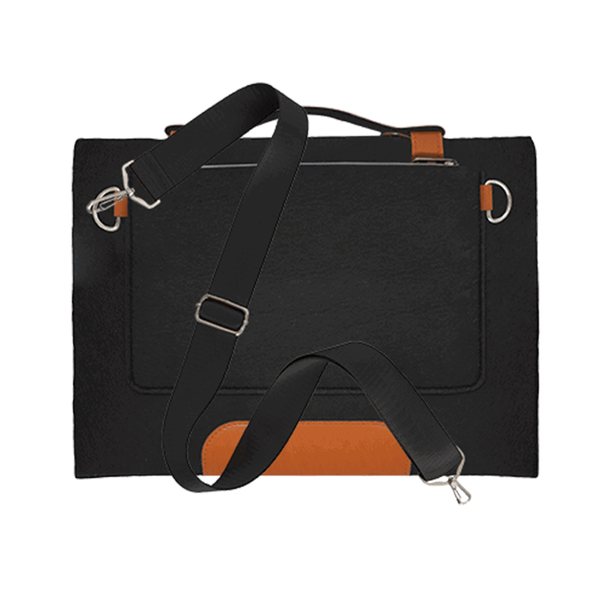 Zwarte en bruine laptoptas, met schouderriem, op een witte achtergrond, met het ontwerp.