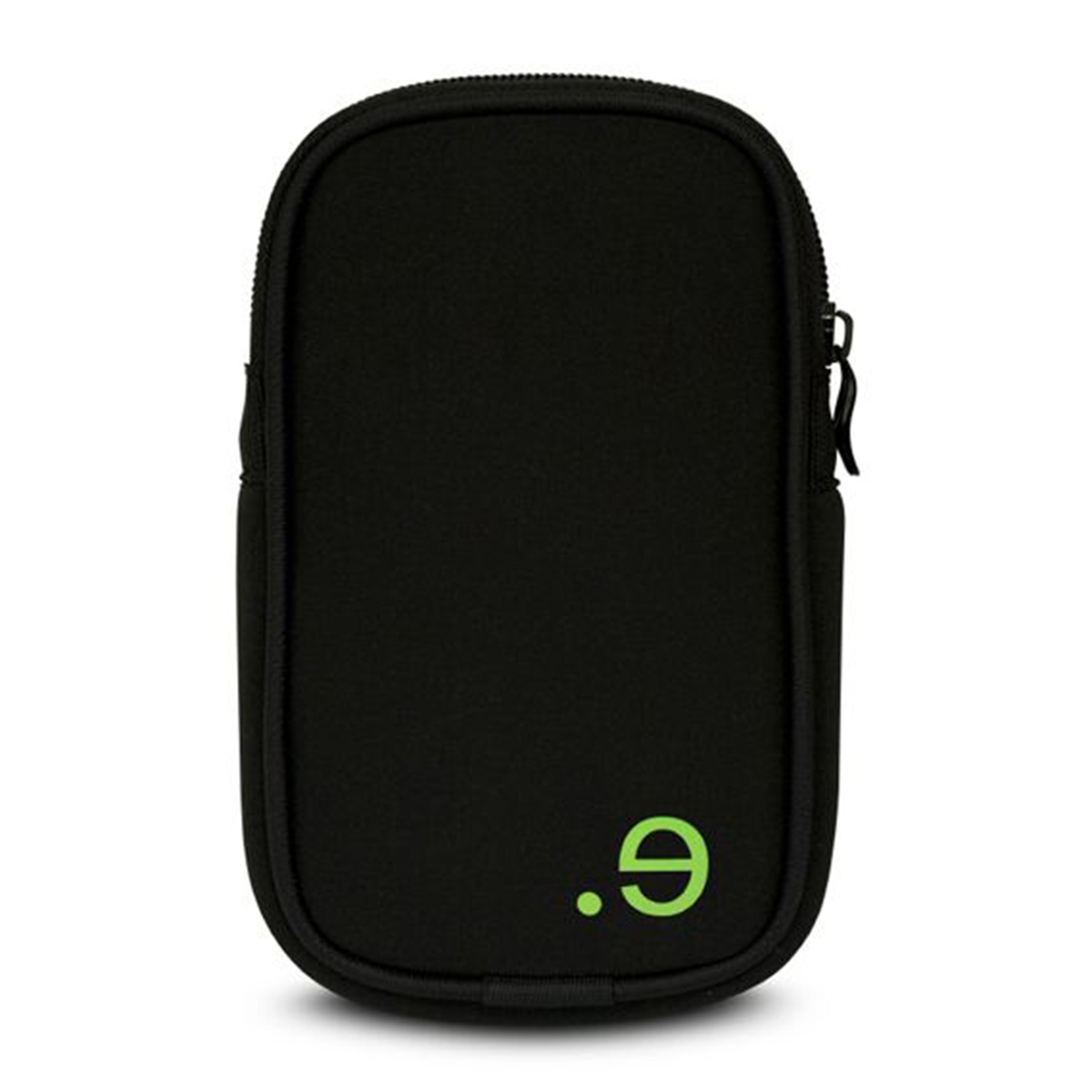 Estuche negro ovalado con cremallera y logotipo verde. Una cremallera negra recorre la parte superior.