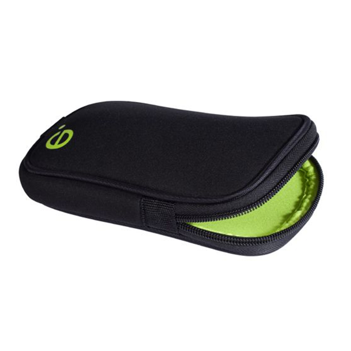 Estuche ovalado negro con cremallera. El interior es verde. Un logotipo verde está en la esquina superior izquierda.