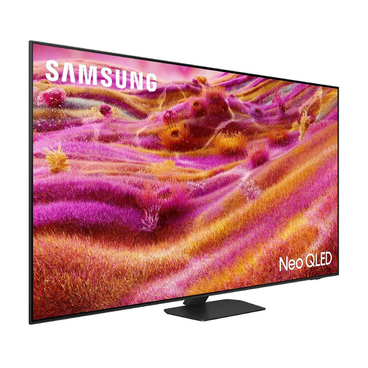 Telewizor Samsung Neo QLED na czarnym stojaku. Ekran wyświetla kolorowy, abstrakcyjny obraz kwiatowy.