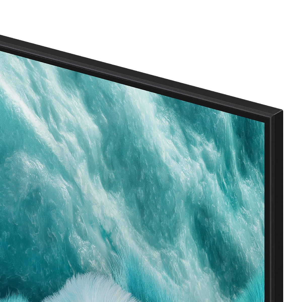 Zbliżenie rogu telewizora. Wyświetlacz pokazuje niebieski, biały i turkusowy wzór abstrakcyjny z czarną ramką.