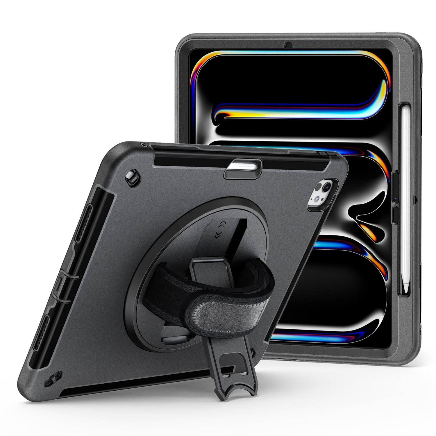 Custodia per tablet nera con supporto e penna, tablet all'interno.