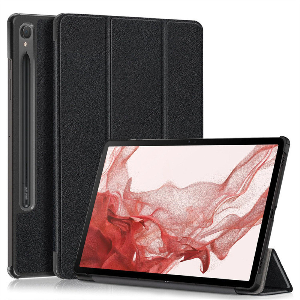 Zwarte tablethoes met een tablet en pen.