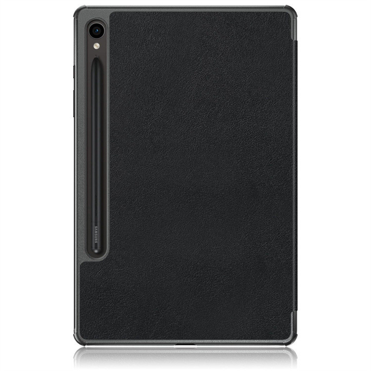 Zwarte tablethoes met stylus. De hoes heeft een zwarte cover en een zilveren frame.