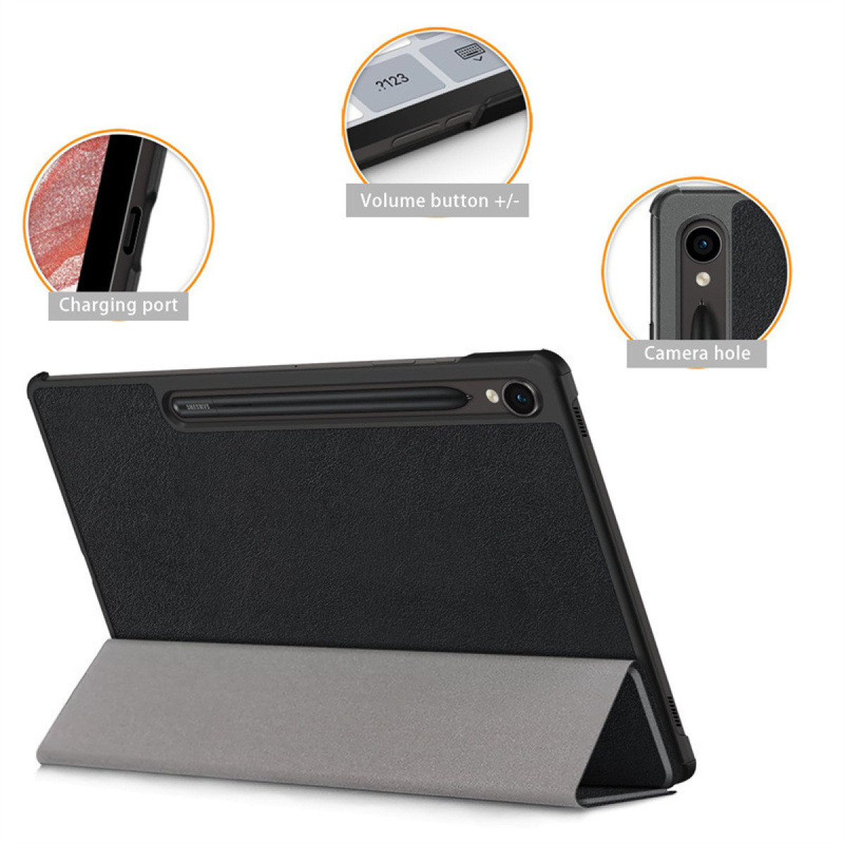 Tablet met een hoes, met details van de oplaadpoort, volumeknop en camera.