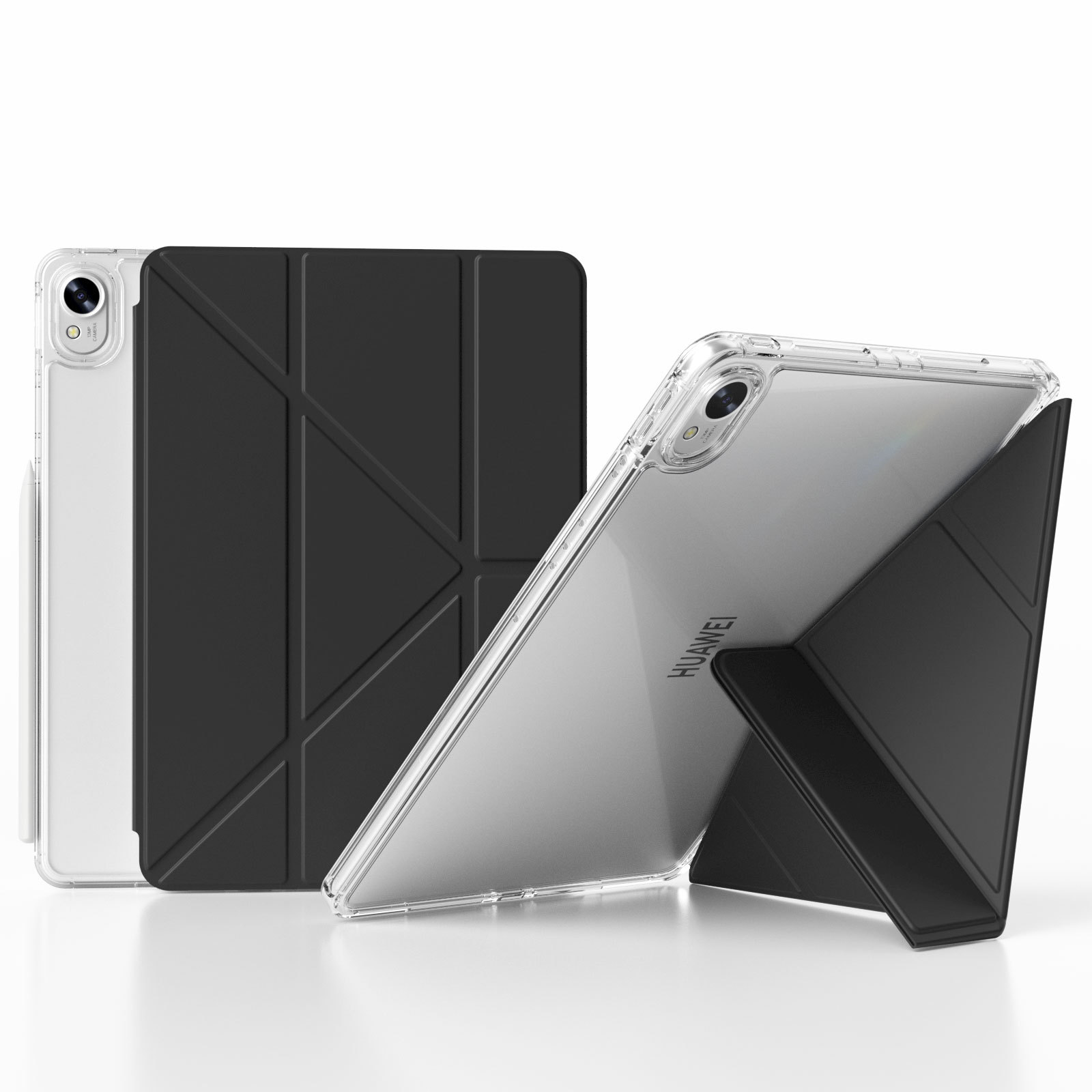 Tablets in een hoes, een zwarte cover en een transparante case, witte achtergrond.