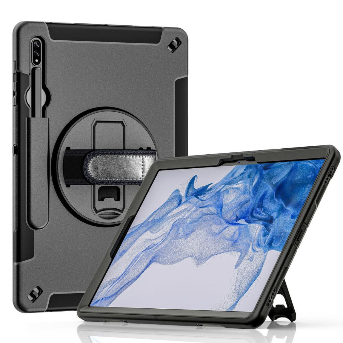 Tablet in custodia grigia con supporto. Una penna è attaccata. Lo schermo mostra grafica blu.