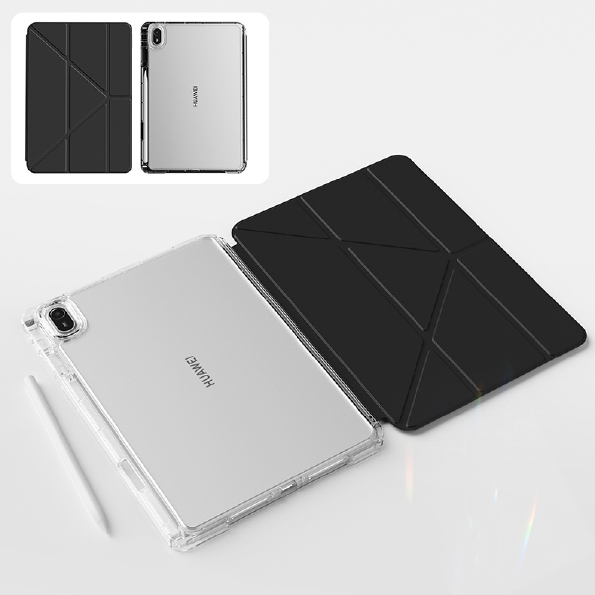 Tablet in een doorzichtige hoes met een zwarte cover. De doorzichtige hoes heeft een stylus. Een tweede tablet is te zien.