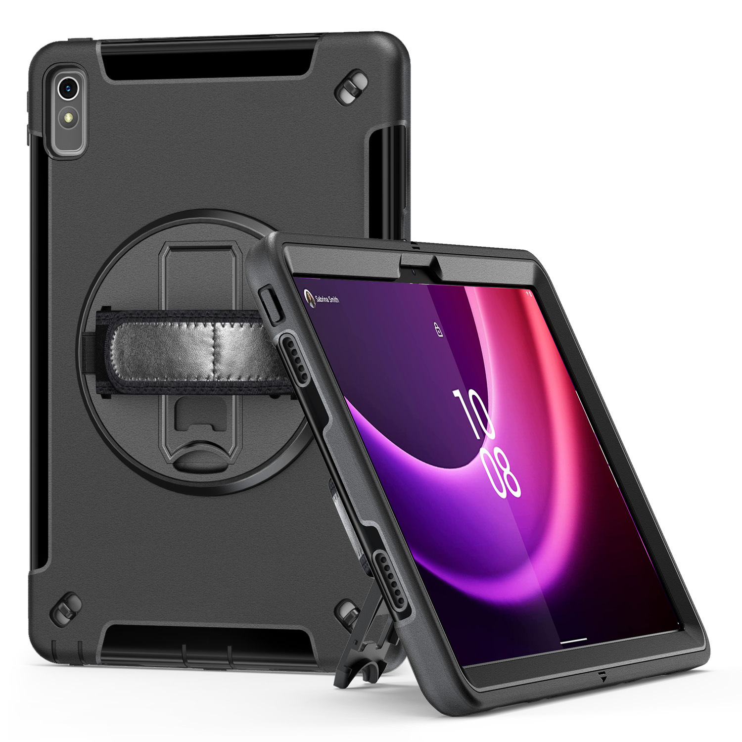Custodia per tablet nera con supporto e cinturino. Lo schermo del tablet mostra l'interfaccia. Sfondo bianco.