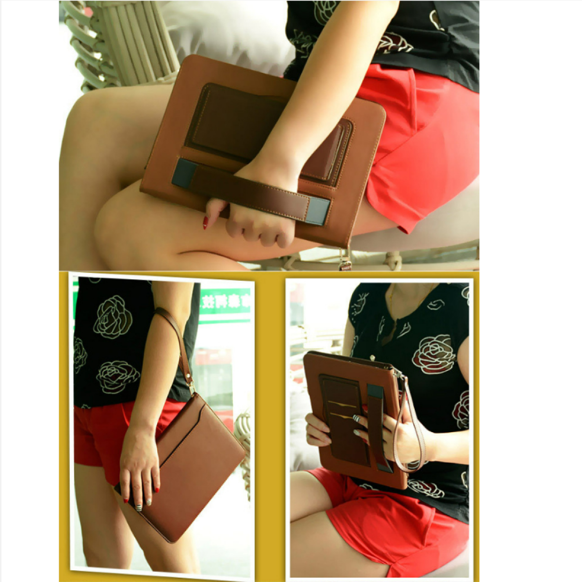 Donna che tiene una custodia marrone per tablet, pantaloncini rossi. Sfondo beige, tre immagini.