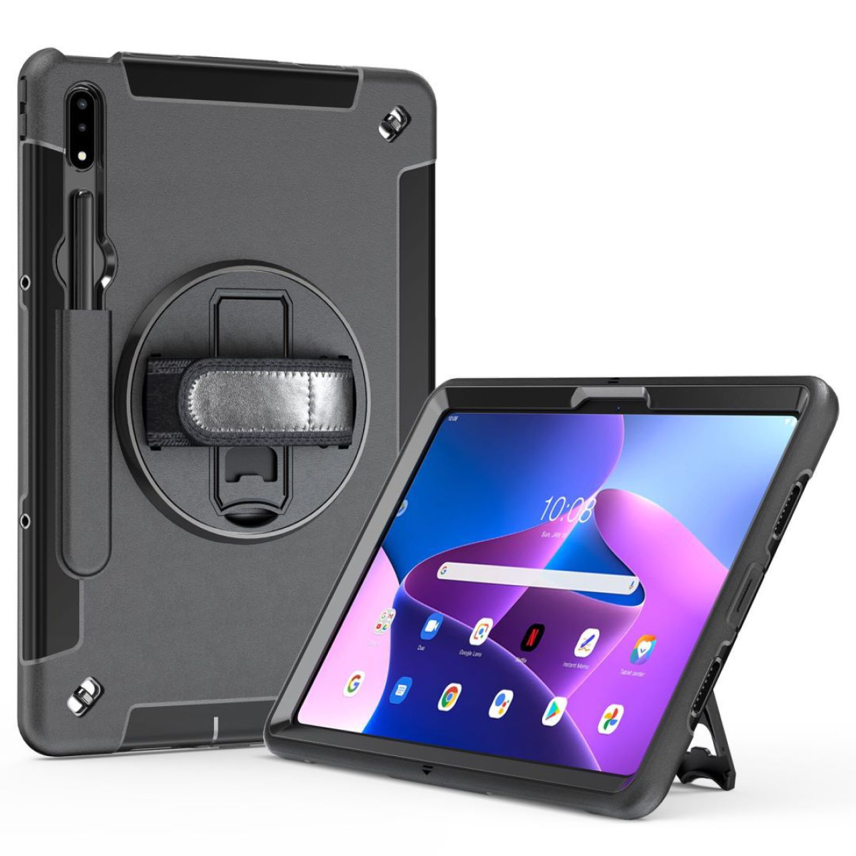 Tablet in custodia grigia con supporto e cinturino. Display mostra la schermata iniziale.
