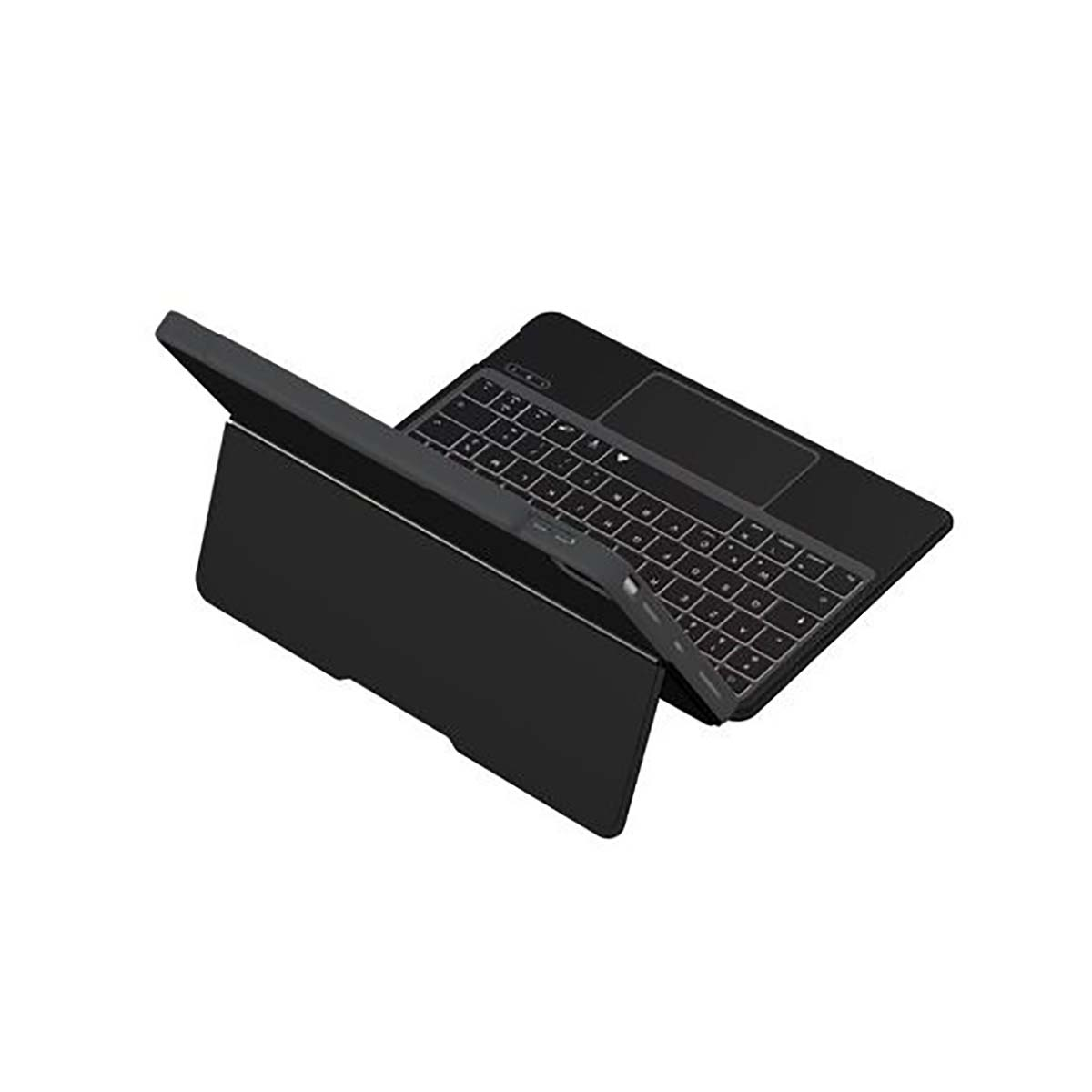 Custodia con tastiera per tablet nera. Tastiera aperta, display mostra la tastiera.