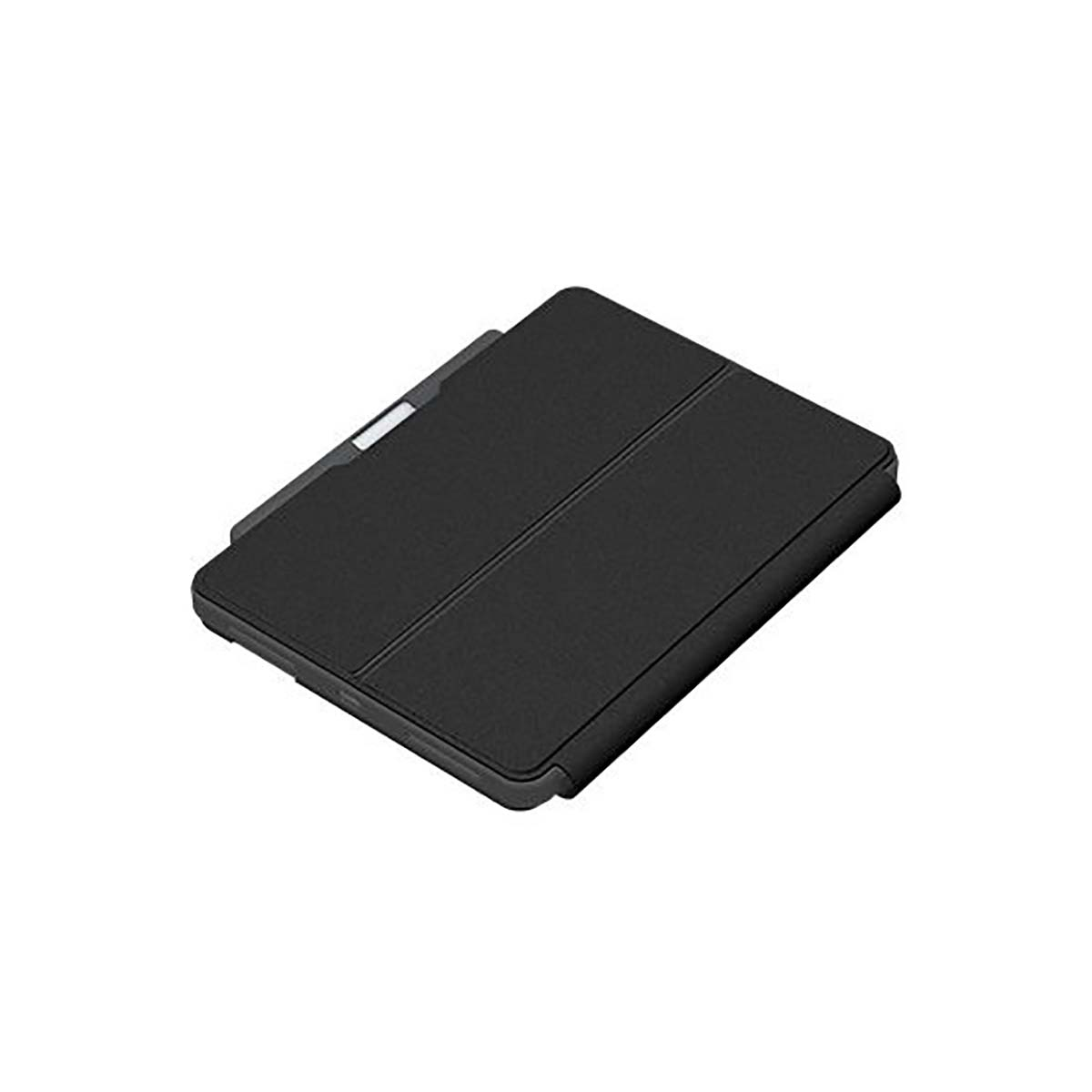 Custodia per tablet nera è chiusa. La custodia è su una superficie bianca. Sfondo bianco.