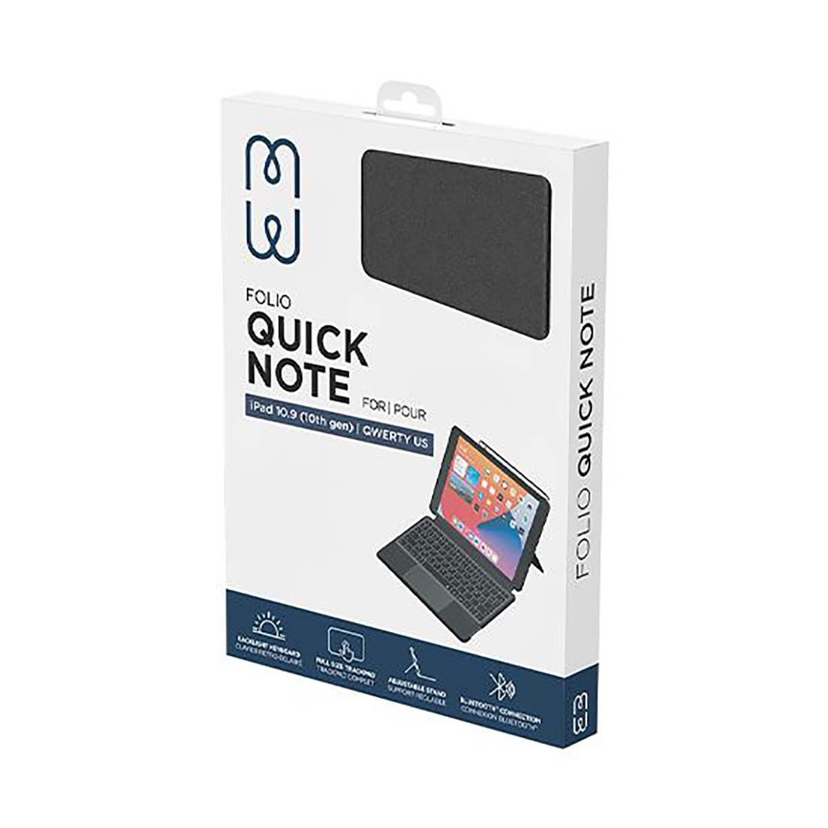 Scatola con custodia per tastiera iPad. Il testo recita Folio Quick Note, per iPad 10.9 (10a gen.).