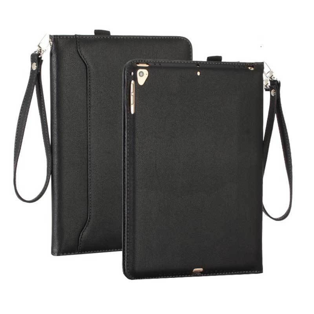 Due custodie per tablet in pelle nera con cinturini, una aperta, l'altra chiusa, su sfondo bianco.