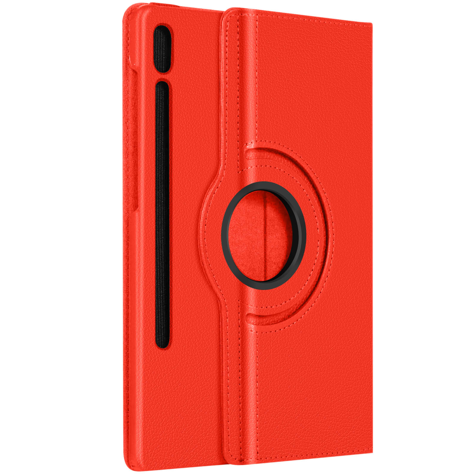 Custodia per tablet rossa, chiusa. Presenta un anello nero e una fascia nera. Isolato su sfondo bianco.