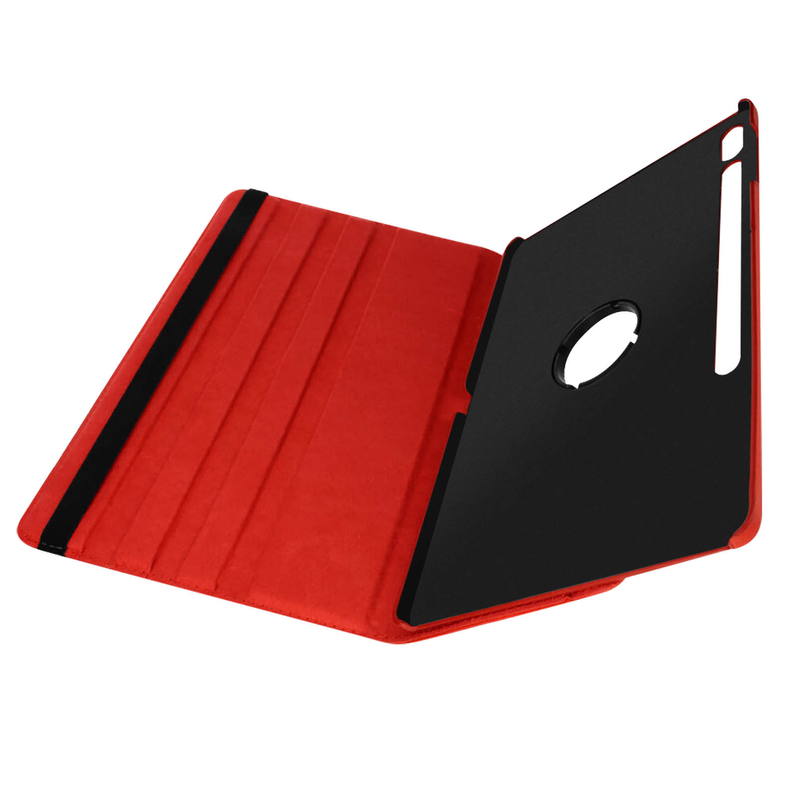 Custodia per tablet rossa aperta, che mostra l'interno. Presenta una fascia nera e un foro nero. Sfondo bianco.