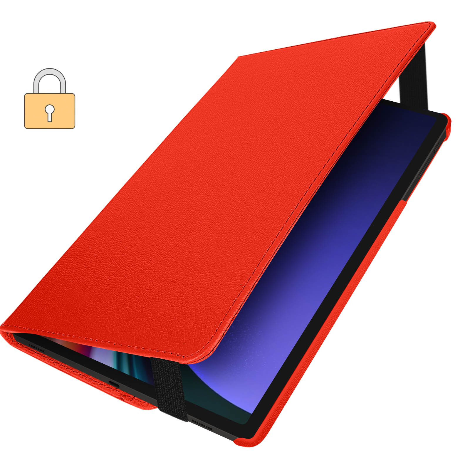 Custodia per tablet rossa con fascia elastica nera, lo schermo è visibile. Icona lucchetto nell'angolo.