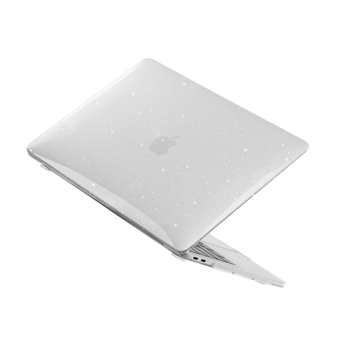 Custodia per laptop bianca glitterata con logo Apple. Sfondo bianco.