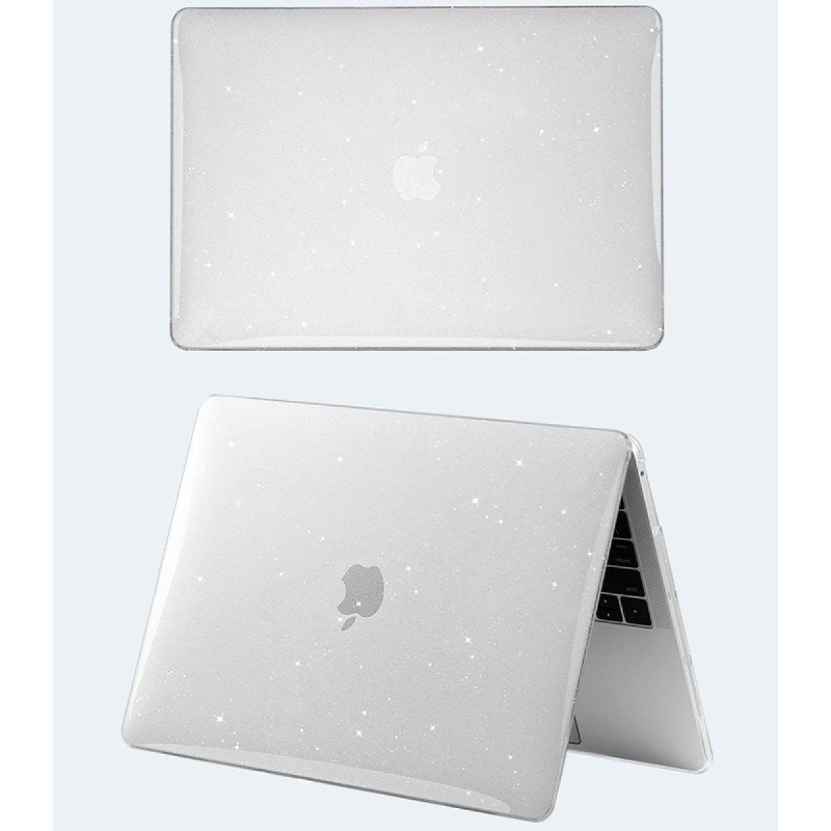 Due viste di una custodia per laptop trasparente e glitterata con logo Apple.