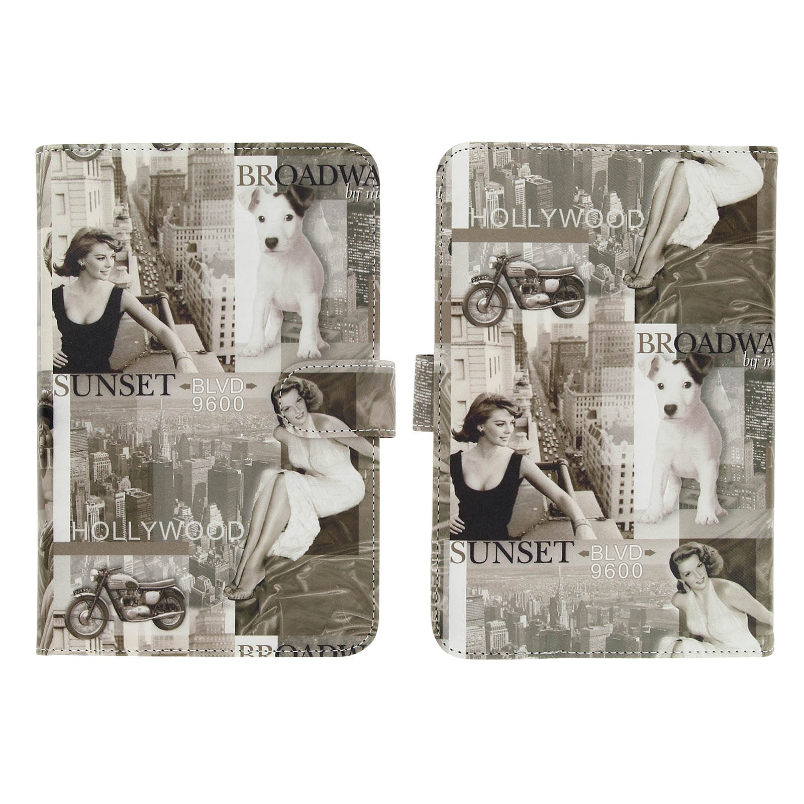 Custodia per tablet con tema vintage di Hollywood. Le immagini includono una donna, un cane, una moto e paesaggi urbani.