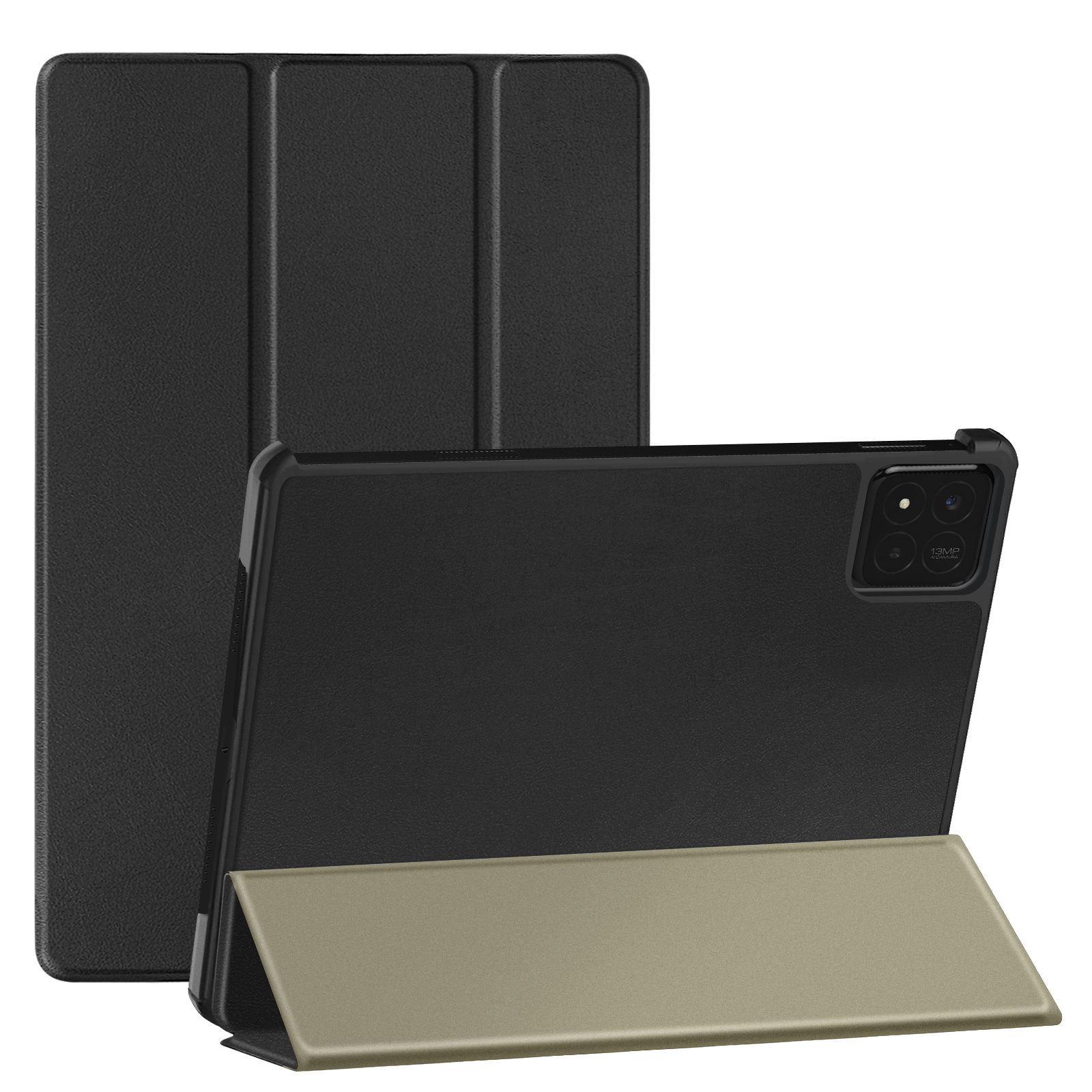 Custodia per tablet nera con supporto marrone. La parte posteriore del tablet ha un rigonfiamento della fotocamera. Un'altra custodia sullo sfondo.