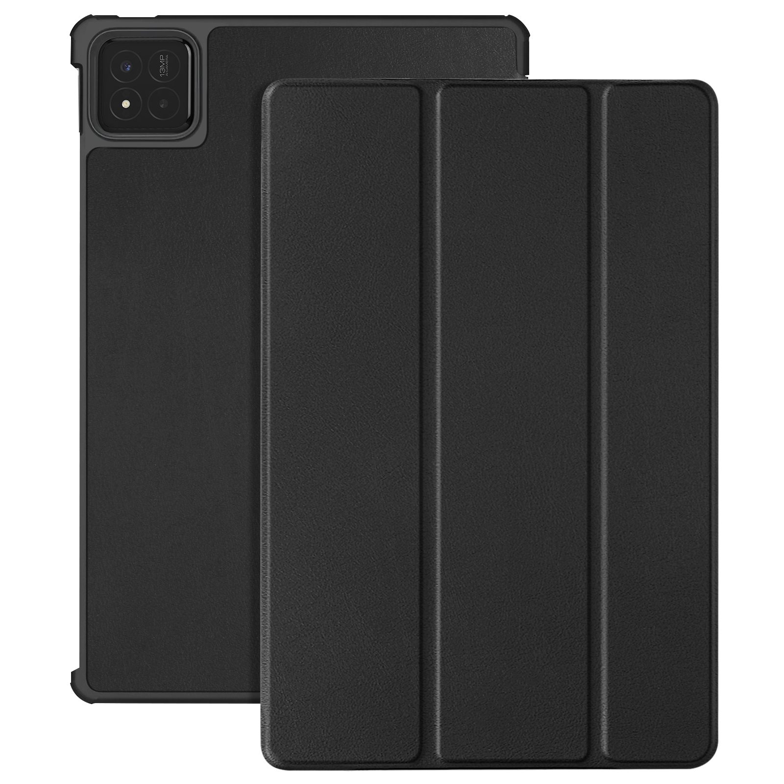 Custodia per tablet nera, chiusa, con fotocamera e testo sul retro.