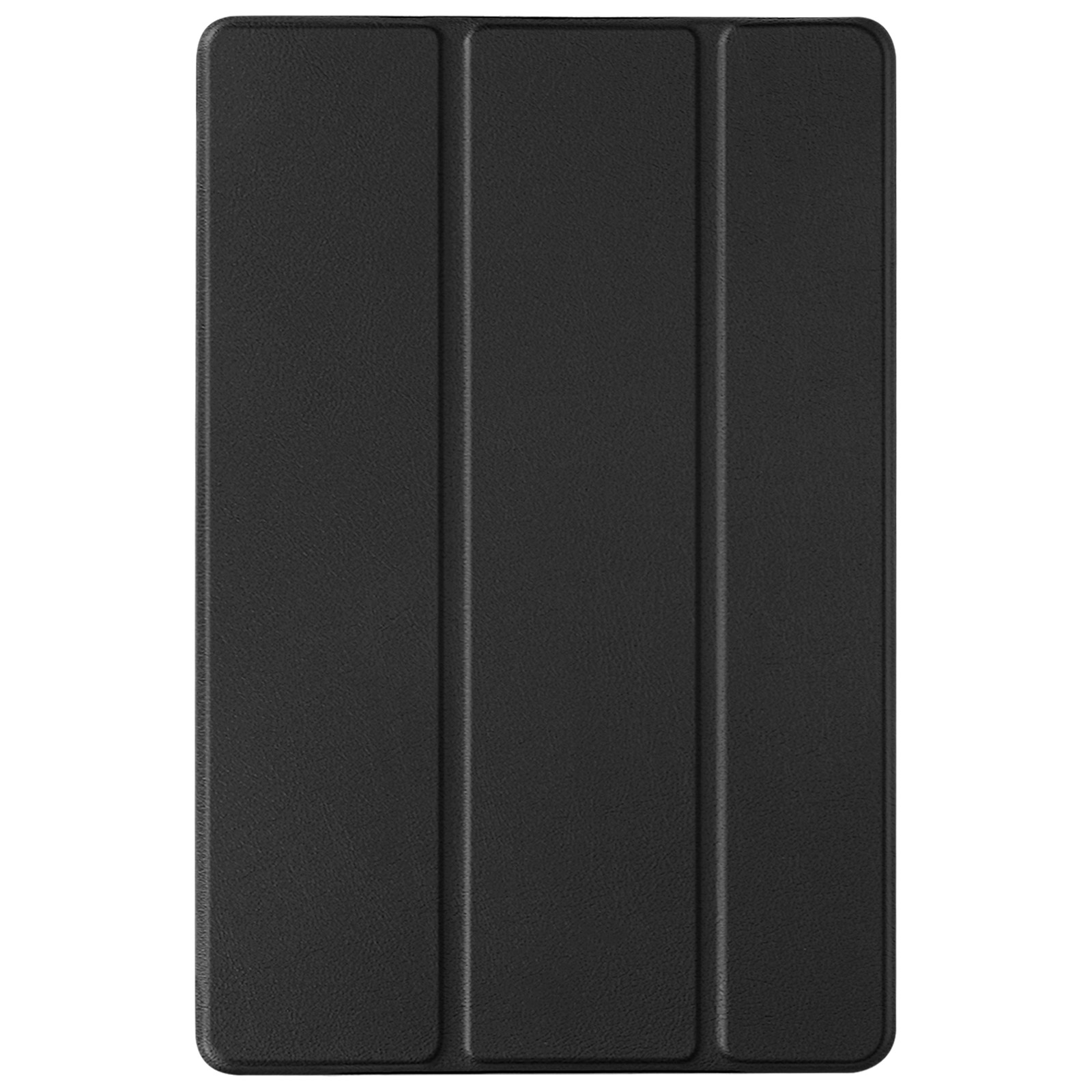 Custodia per tablet nera, chiusa. La cover ha tre pieghe verticali.