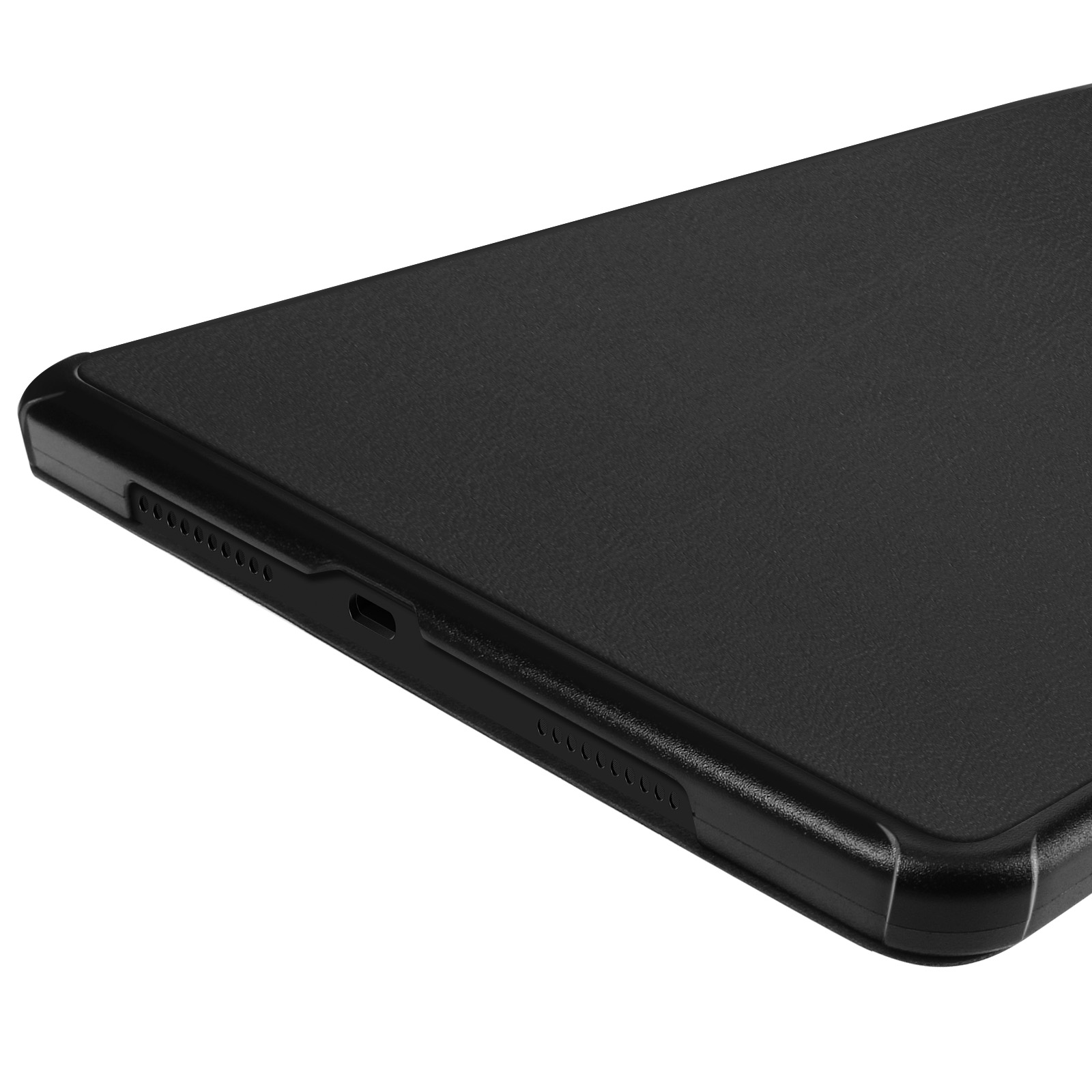 Primo piano della cornice nera del tablet. Mostra il lato con i pulsanti e una porta di ricarica.