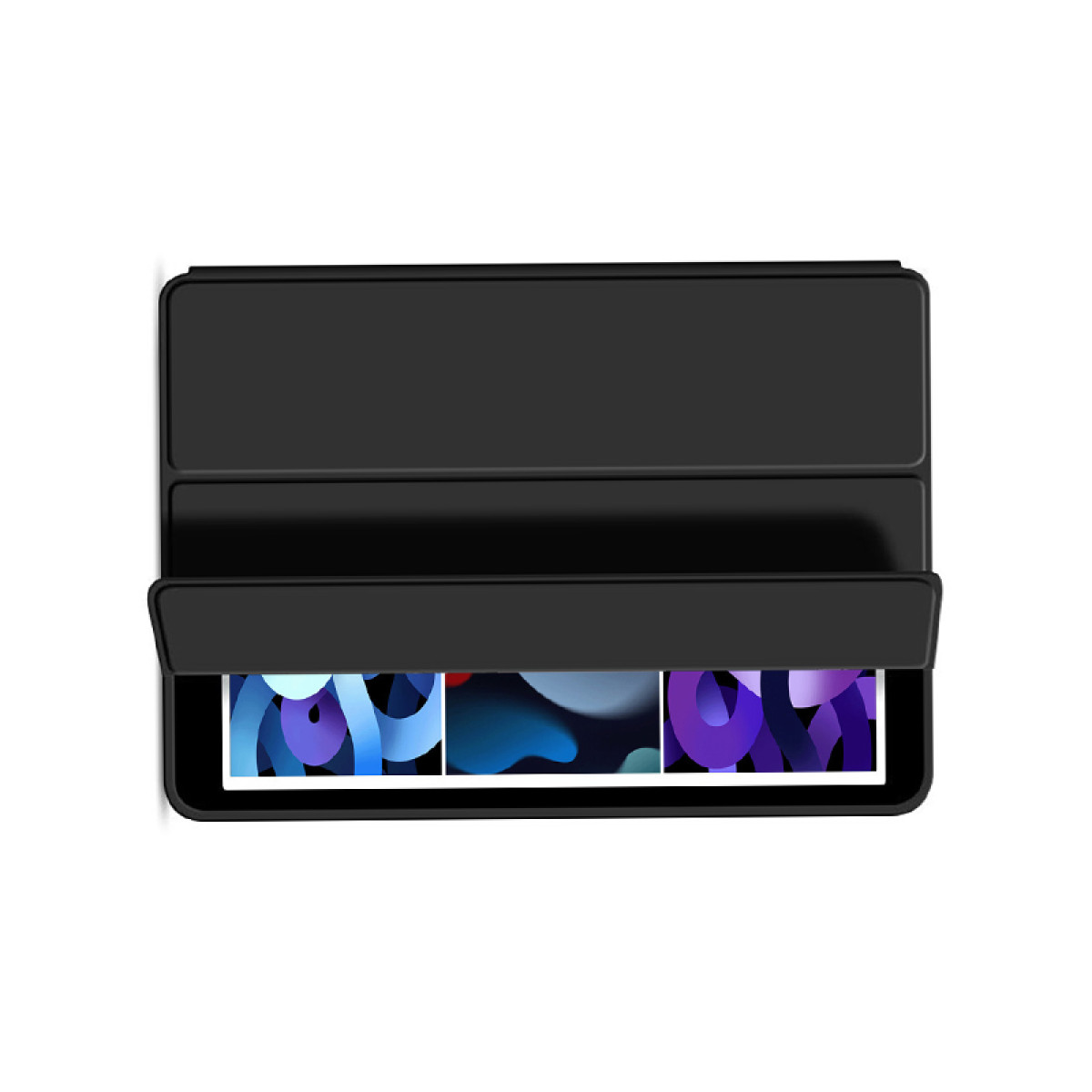 Custodia per tablet nera, aperta. Il tablet mostra una grafica colorata, con sfondo bianco.