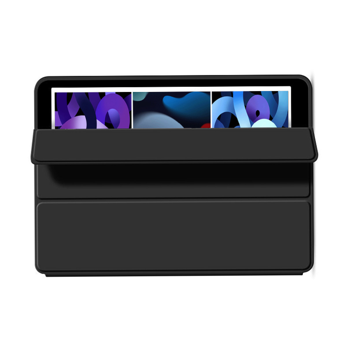 Custodia per tablet nera con aletta aperta, che mostra uno schermo con forme astratte colorate.