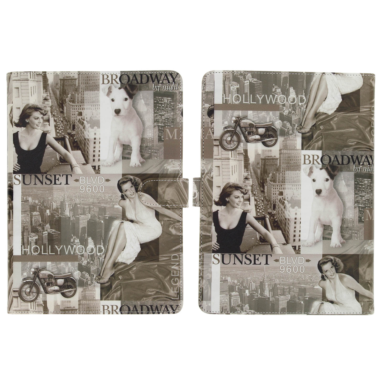 Custodia per tablet con un collage di foto di una donna, cani e monumenti.