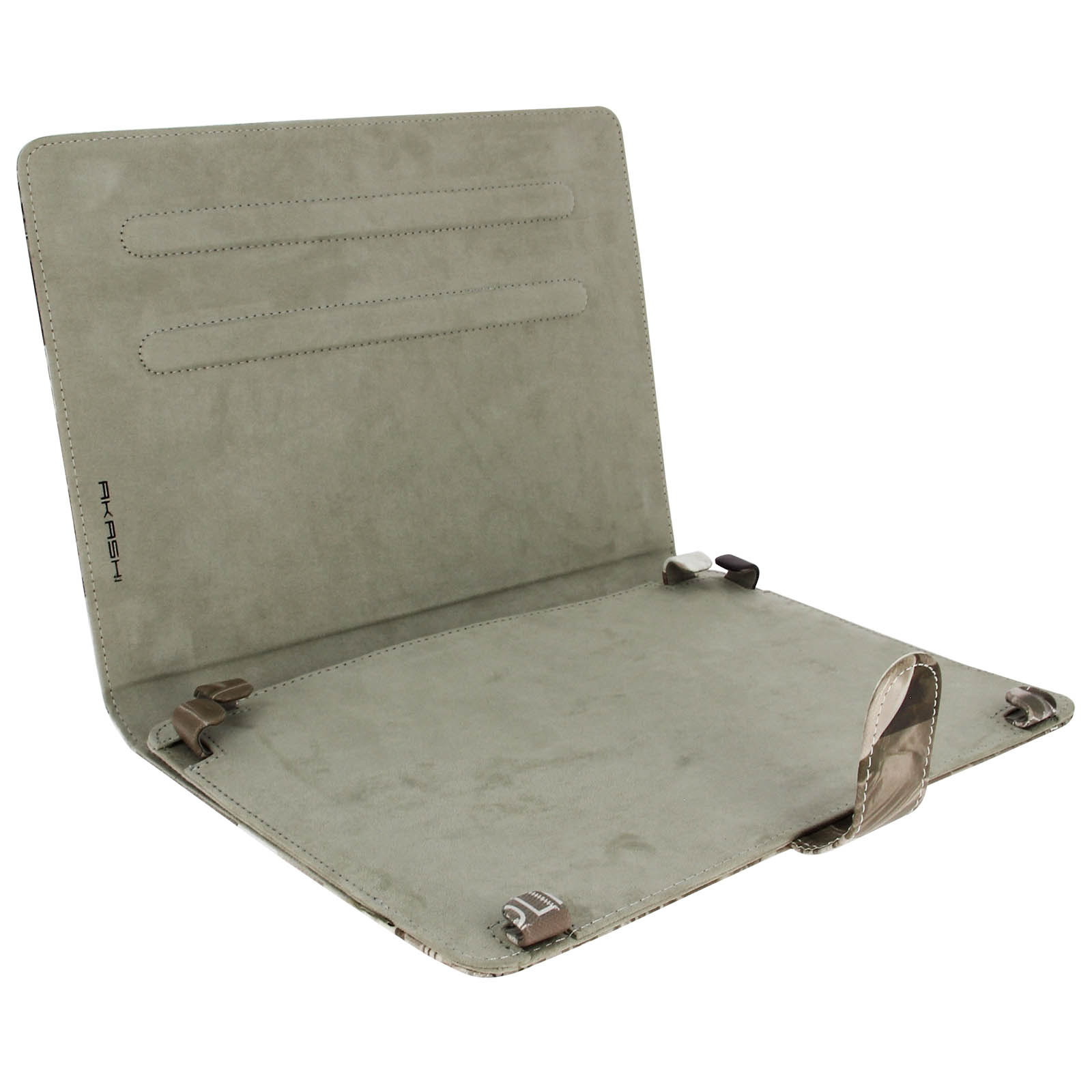Custodia per tablet aperta. L'interno è in materiale grigio chiaro simile alla pelle scamosciata con cinturini. Motivo mimetico esterno.