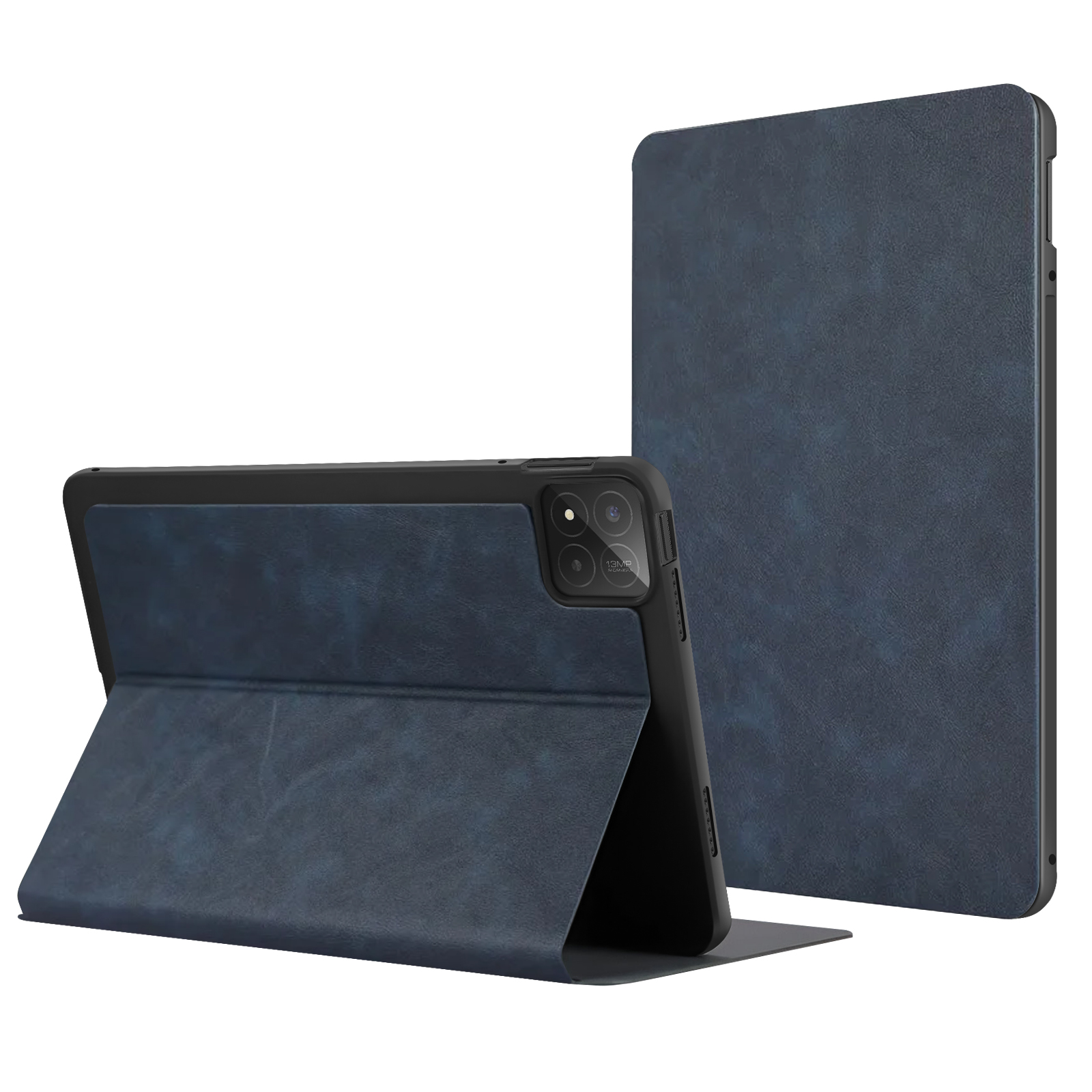 Tablet, custodia blu, aperta, con un tablet nero all'interno. Il supporto è aperto.