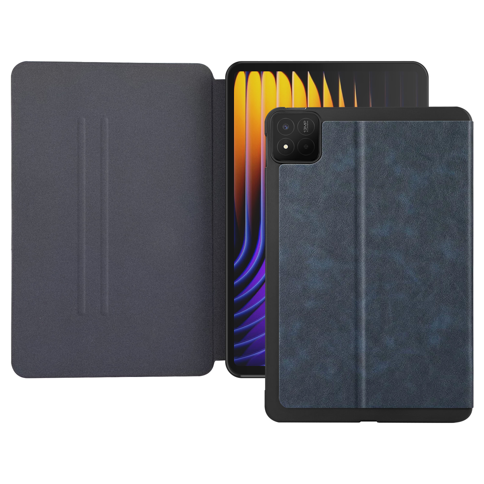 Tablet in una custodia blu simile alla pelle, aperto per mostrare lo schermo. La custodia è su una superficie bianca.