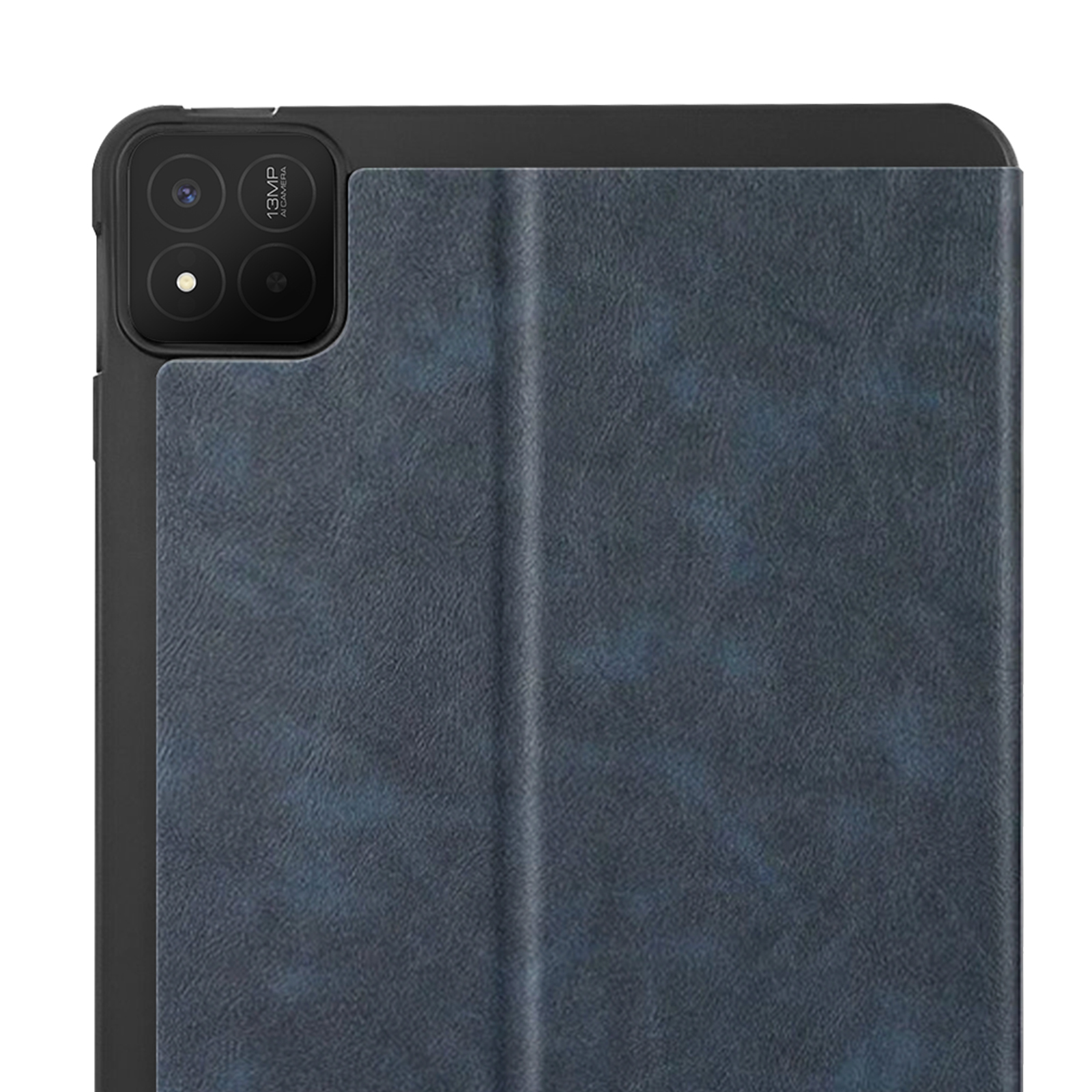 Custodia per tablet con una trama in pelle blu. Un obiettivo della fotocamera è visibile nella parte superiore.