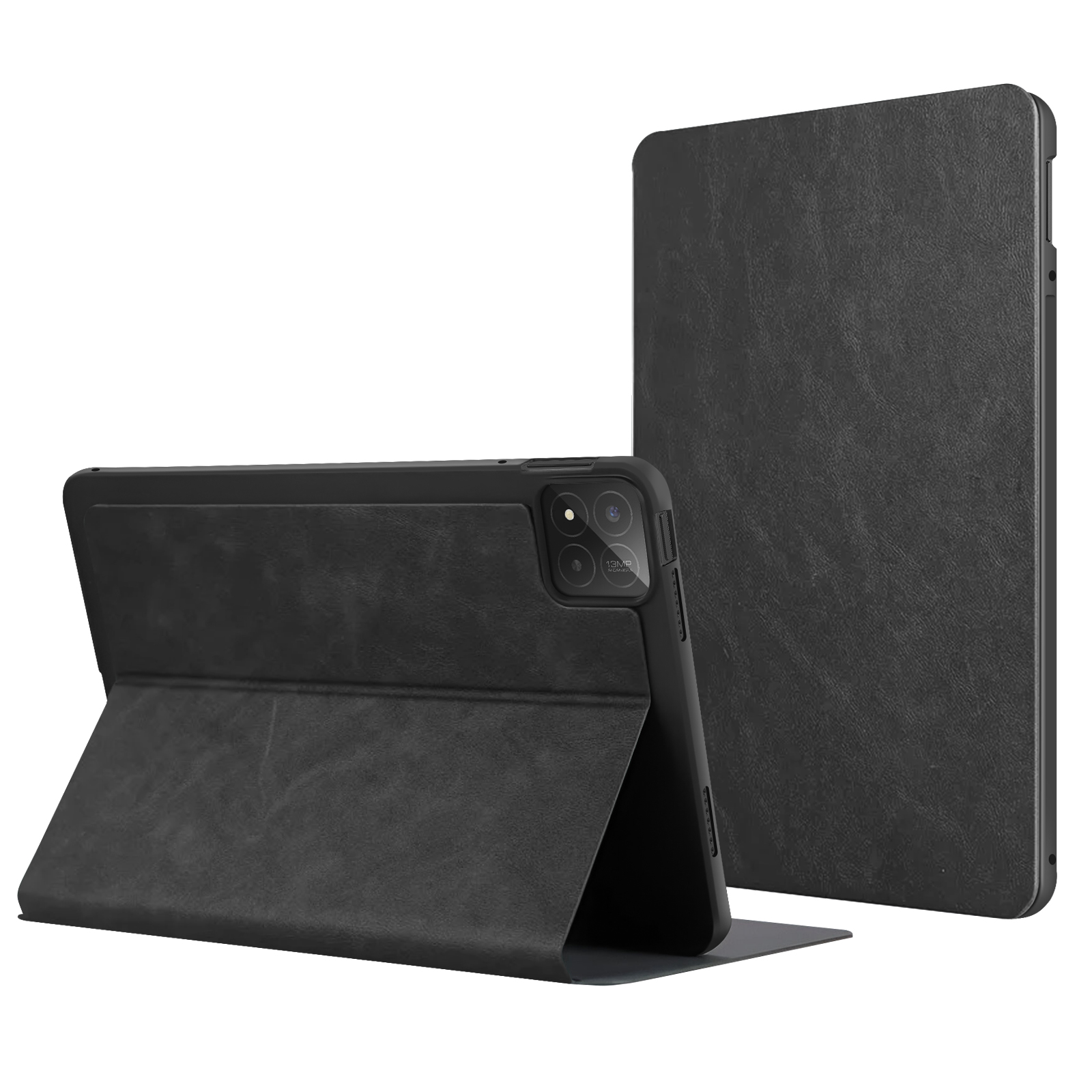 Tablet, custodia nera, aperta. Il tablet è nero.