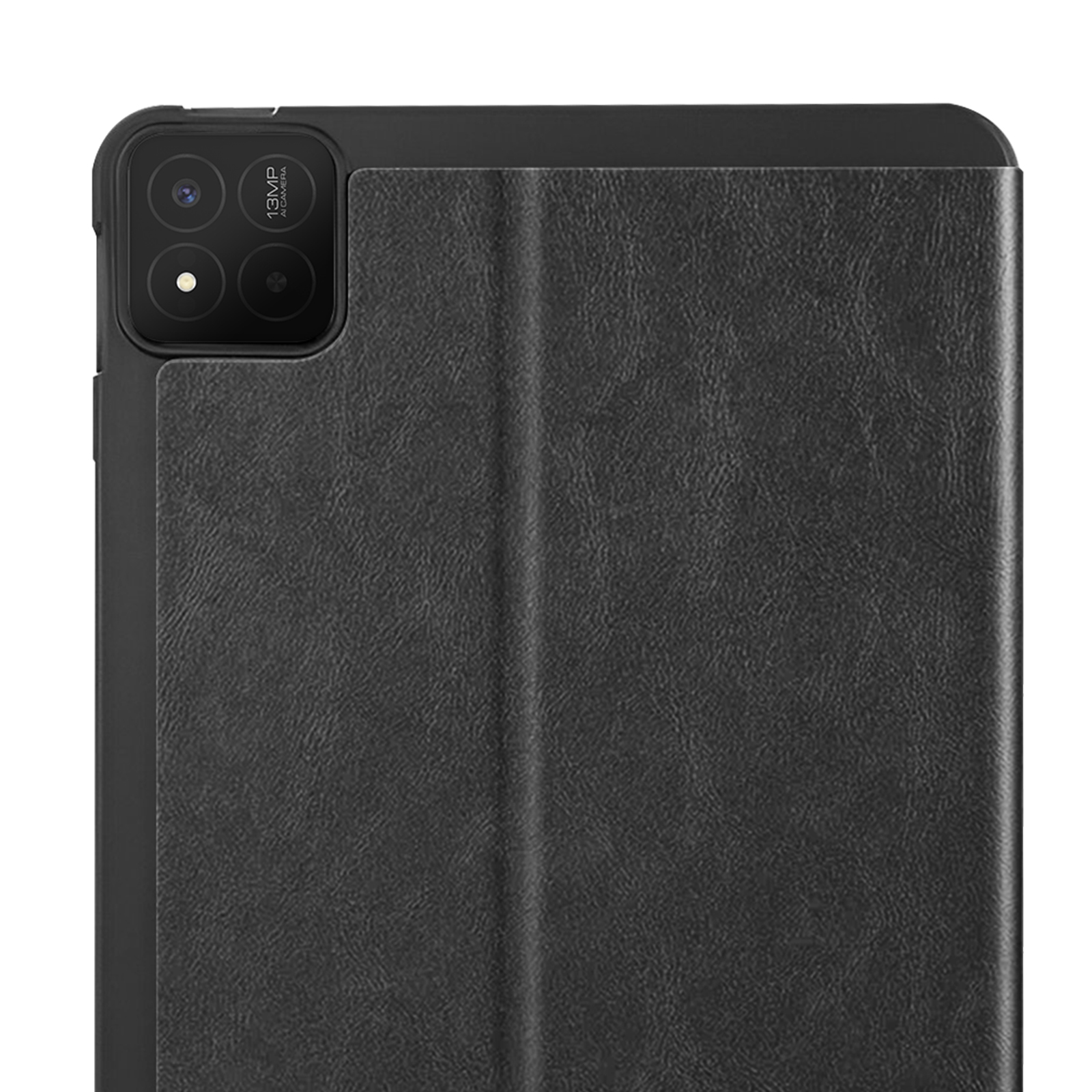 Custodia per tablet nera con fotocamera. La custodia è su una superficie bianca. La fotocamera ha 13MP.