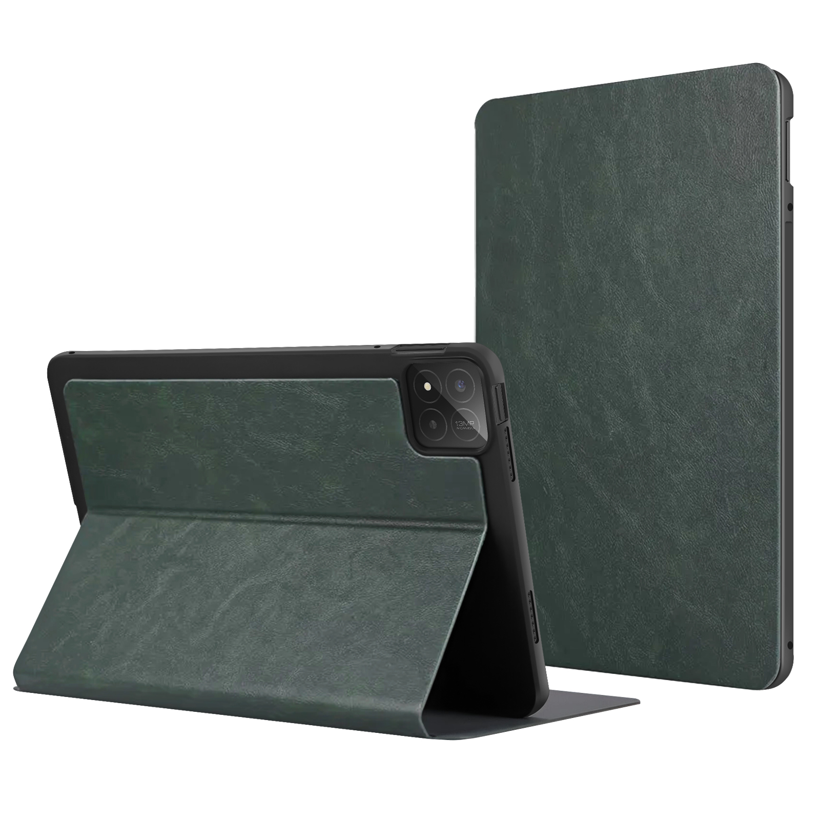 Tablet in custodia di pelle verde, parzialmente aperta. Fotocamera visibile. Sfondo bianco.
