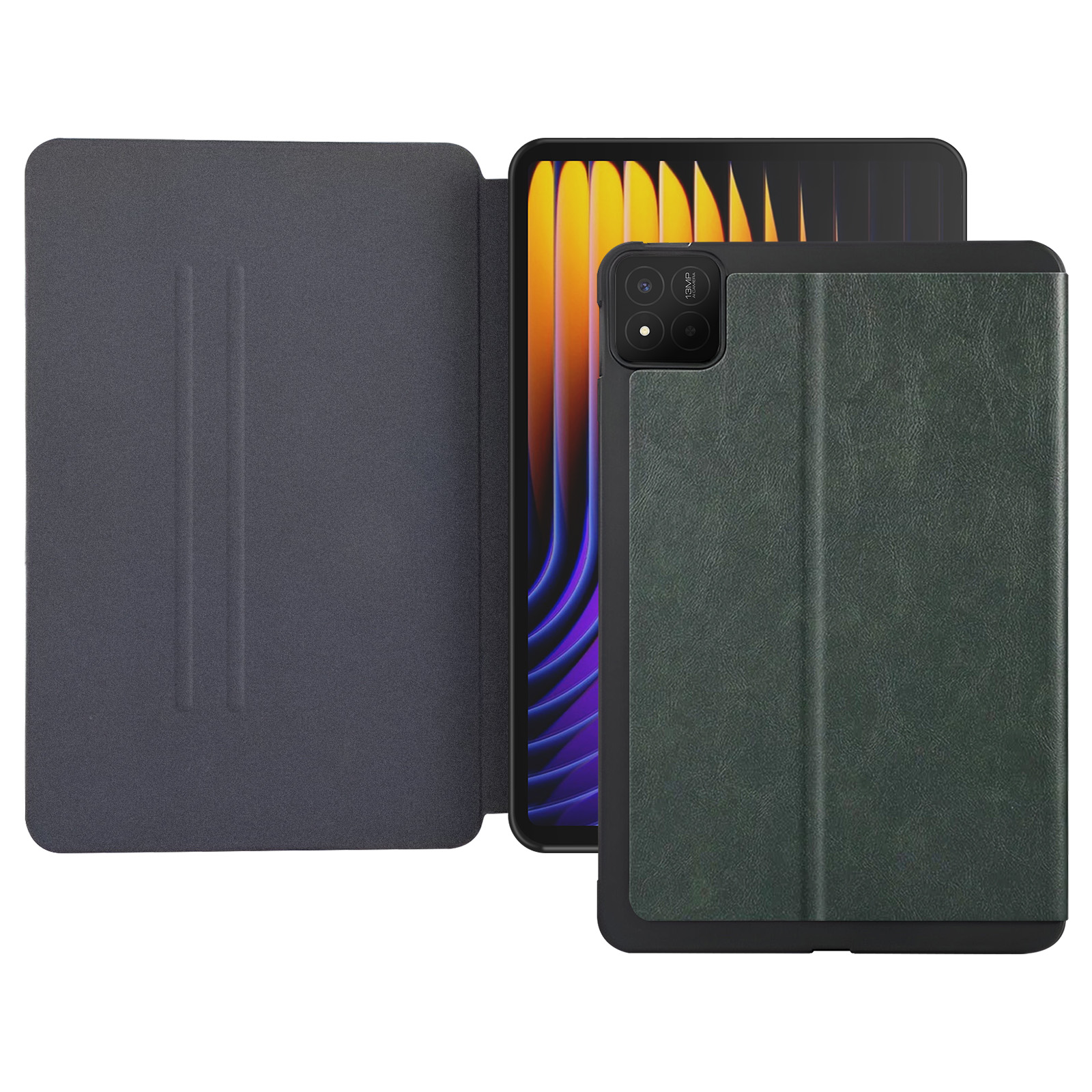 Tablet in una custodia di pelle verde scuro. Custodia aperta, fotocamera visibile. Sfondo bianco.