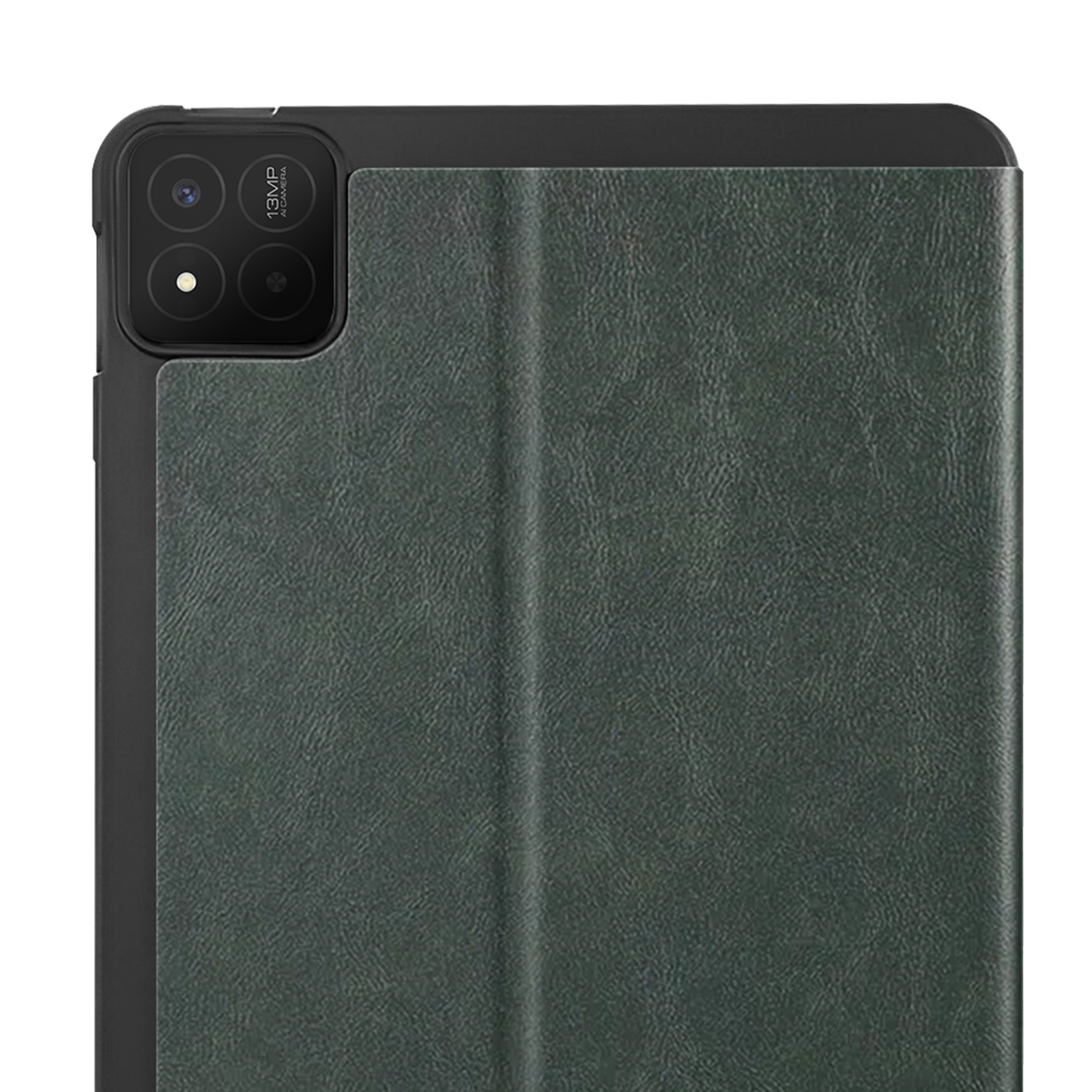 Primo piano di un tablet in una custodia di pelle verde, fotocamera visibile. Cornice nera.