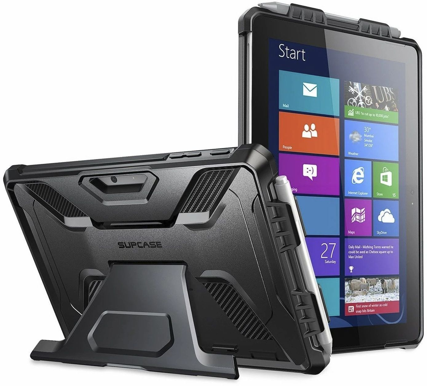 Tablet in custodia nera con supporto e portapenne. Logo SUPCASE. Sfondo bianco.