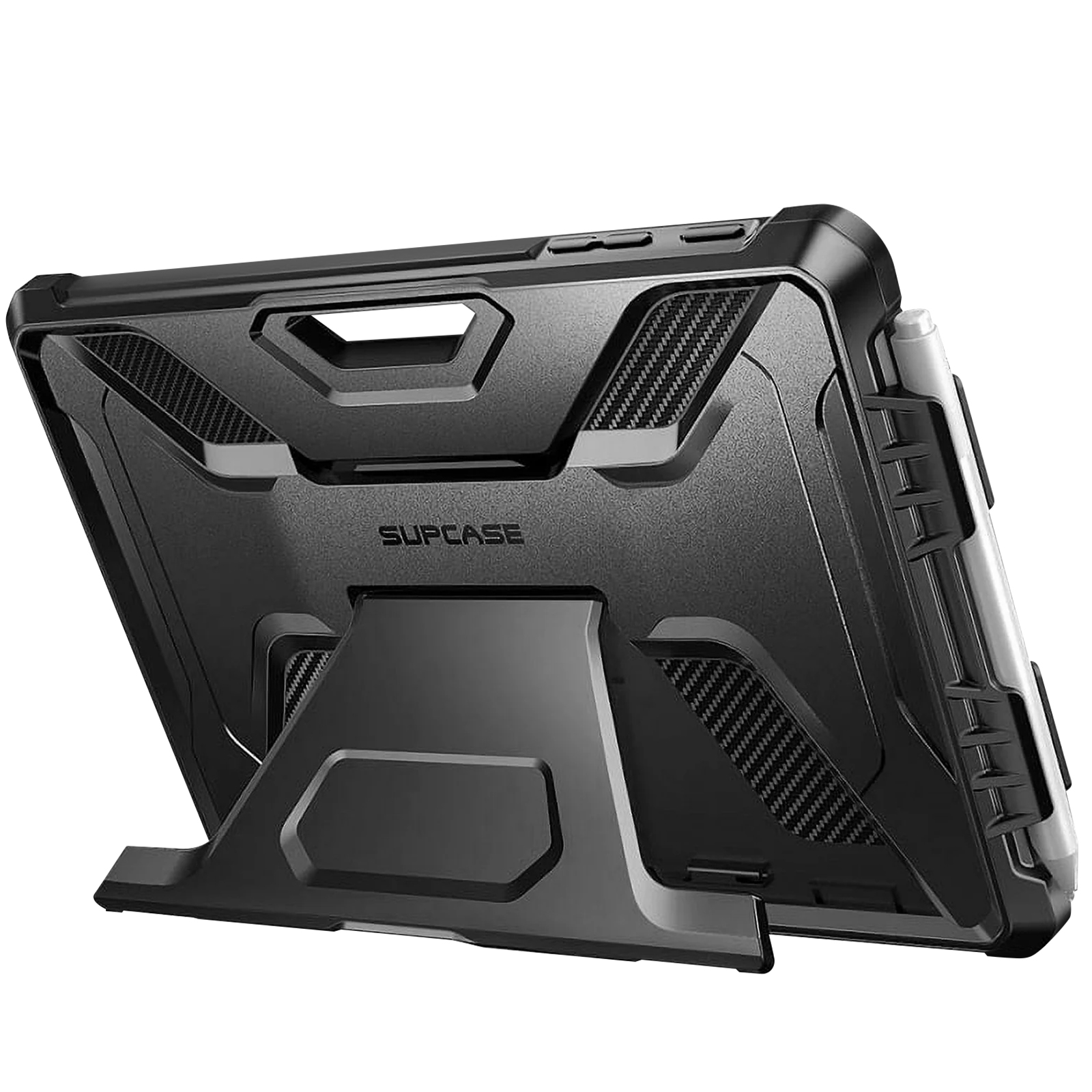 Custodia nera per tablet con supporto, vista angolata. Logo SUPCASE visibile. Sfondo bianco.