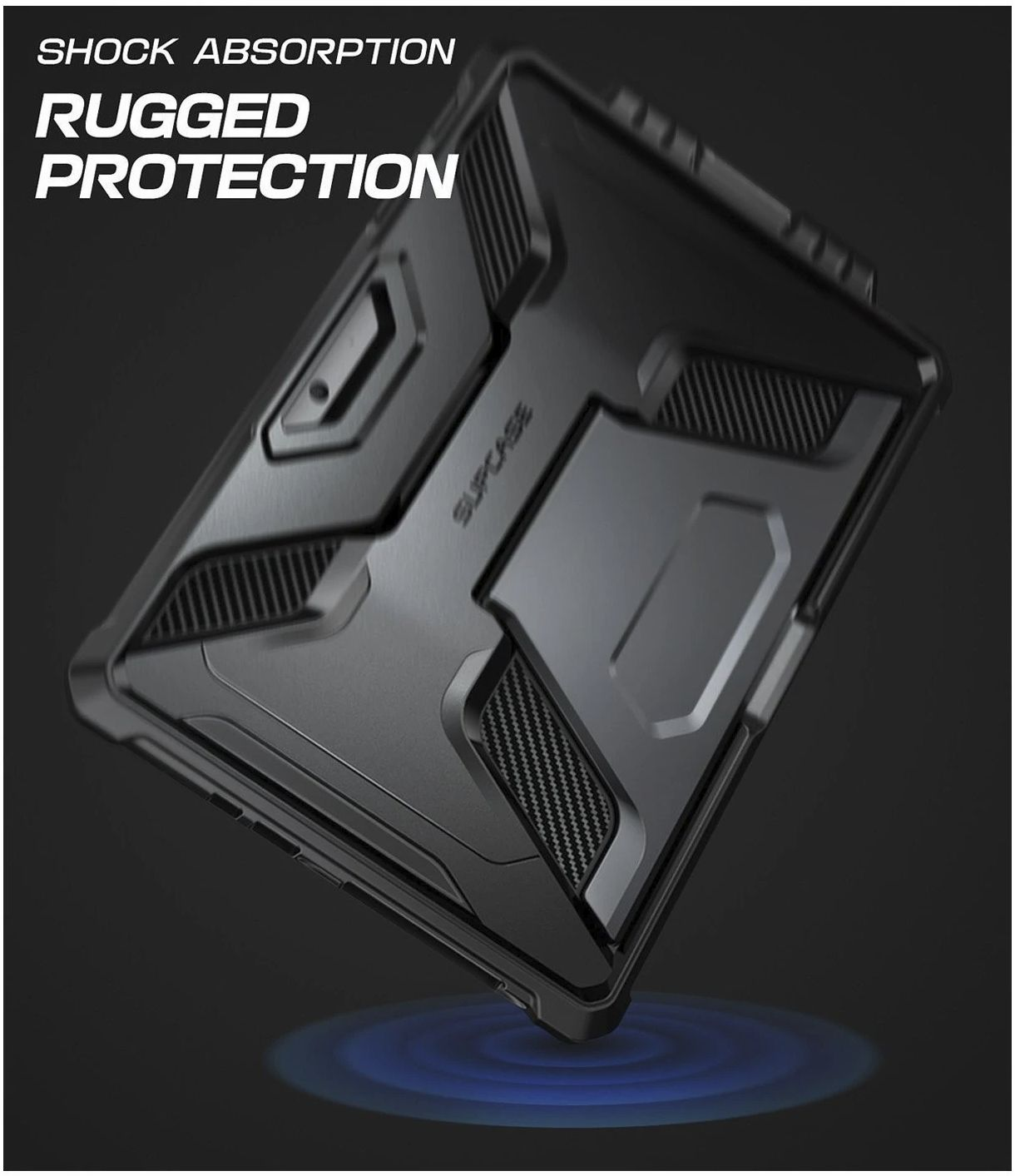 Custodia per tablet nera angolata, con texture robusta ed etichetta 'SUPCASE'. Lo sfondo è scuro con effetto luce blu.