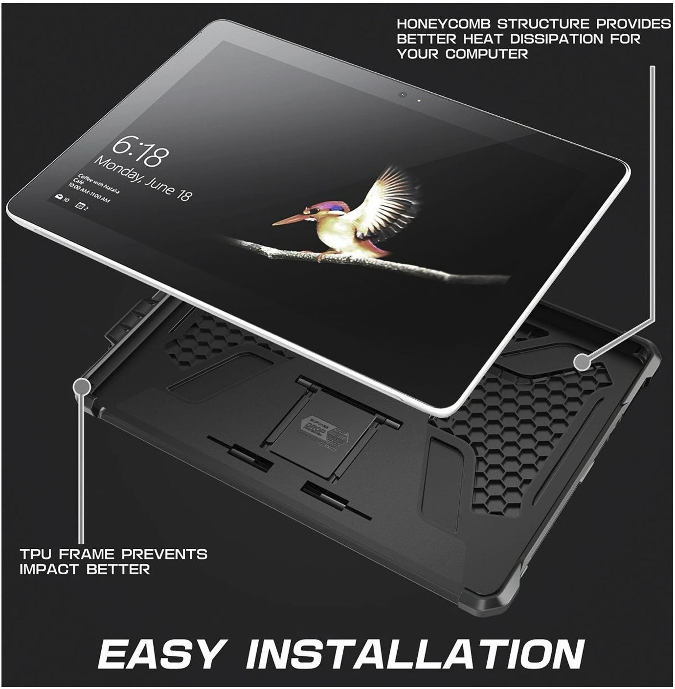 Tablet in una custodia nera con motivo a nido d'ape. Etichette di testo: 'Installazione facile', 'Telaio in TPU' e 'Struttura a nido d'ape'.