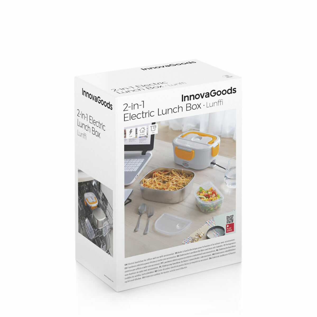 Una fiambrera eléctrica 2 en 1 con pasta, ensalada y cubiertos sobre una mesa.