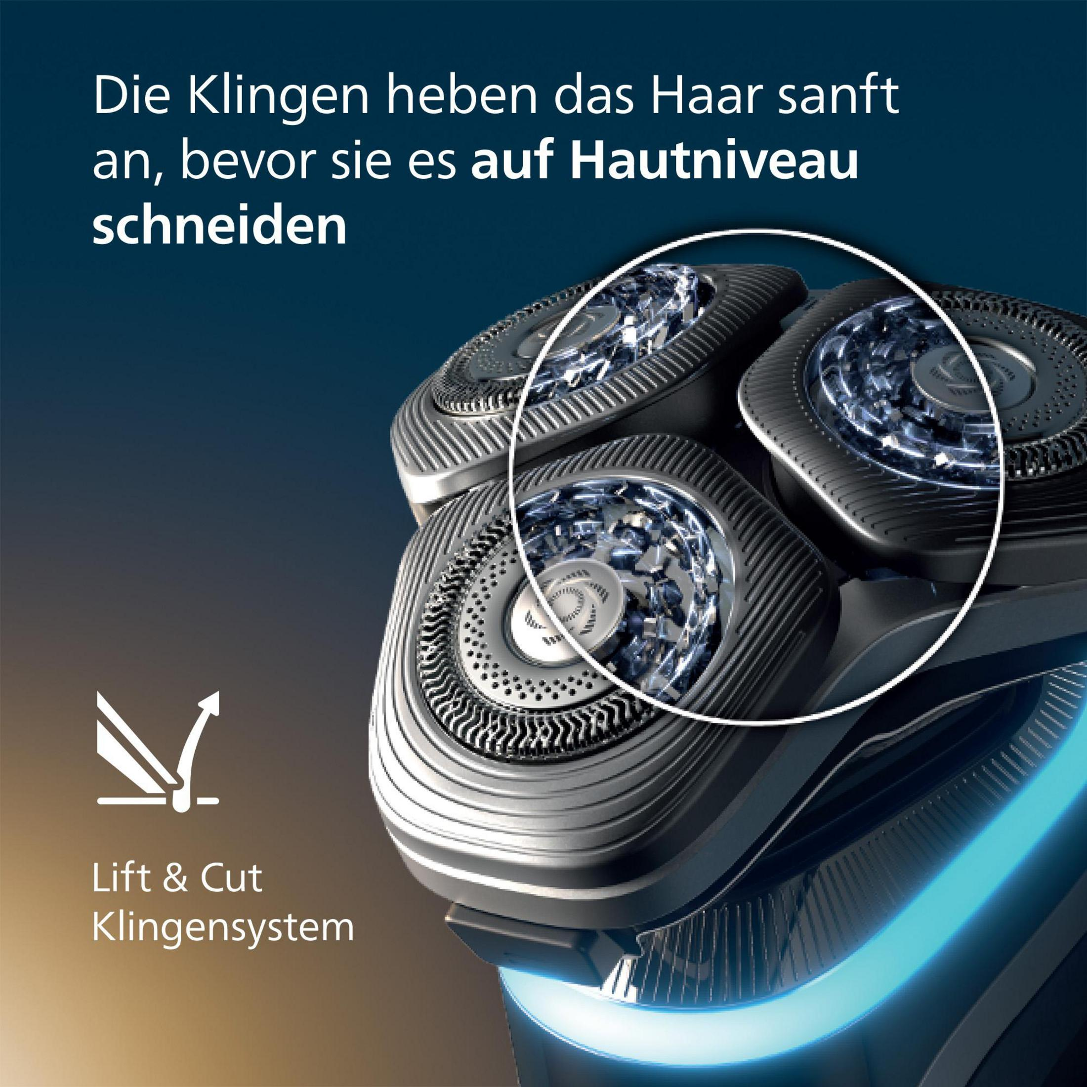 Zbliżenie głowic golarki. Tekst: 'Lift & Cut' i 'Klingen System'.
