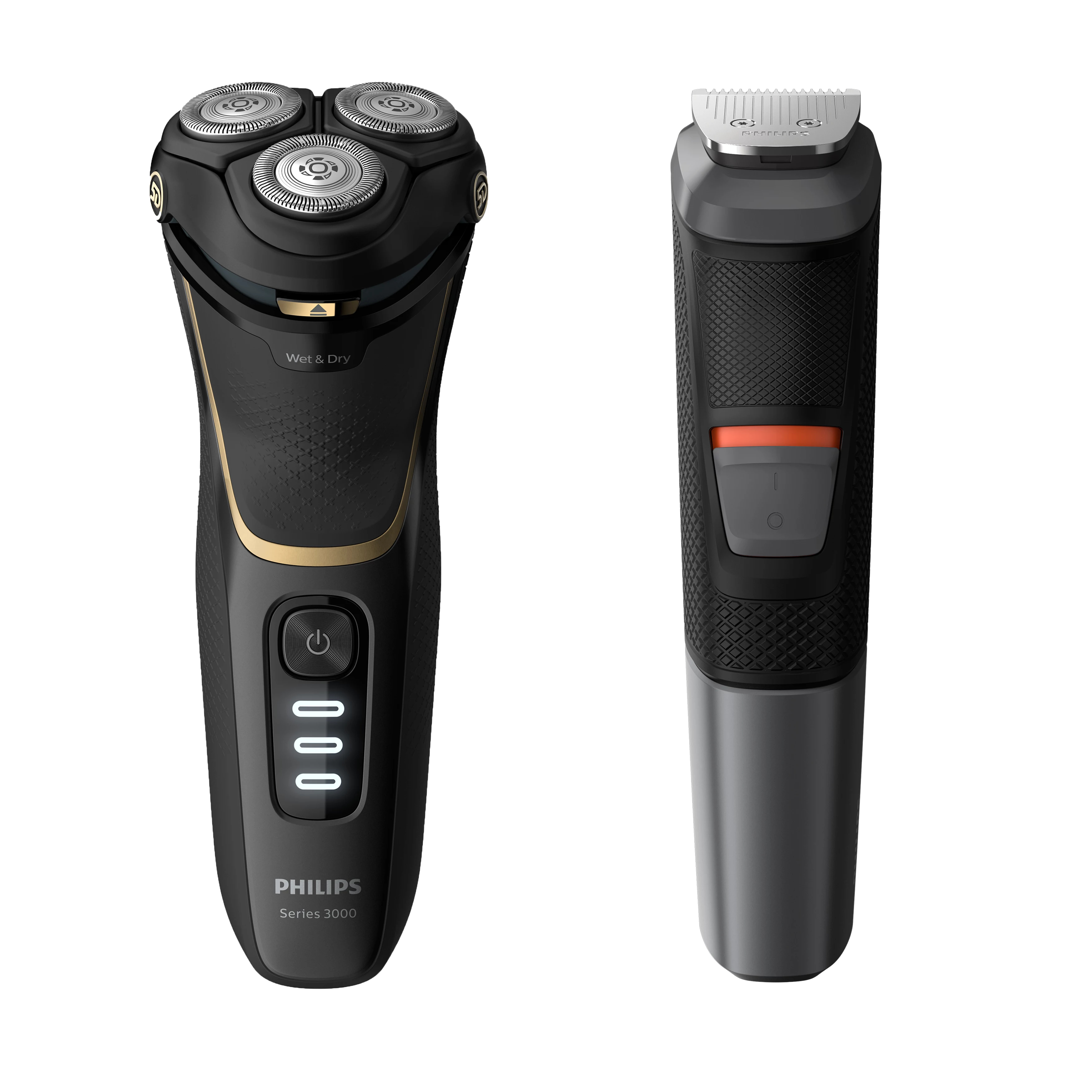 A wet blue and silver Philips shaver with water droplets on a white surface.