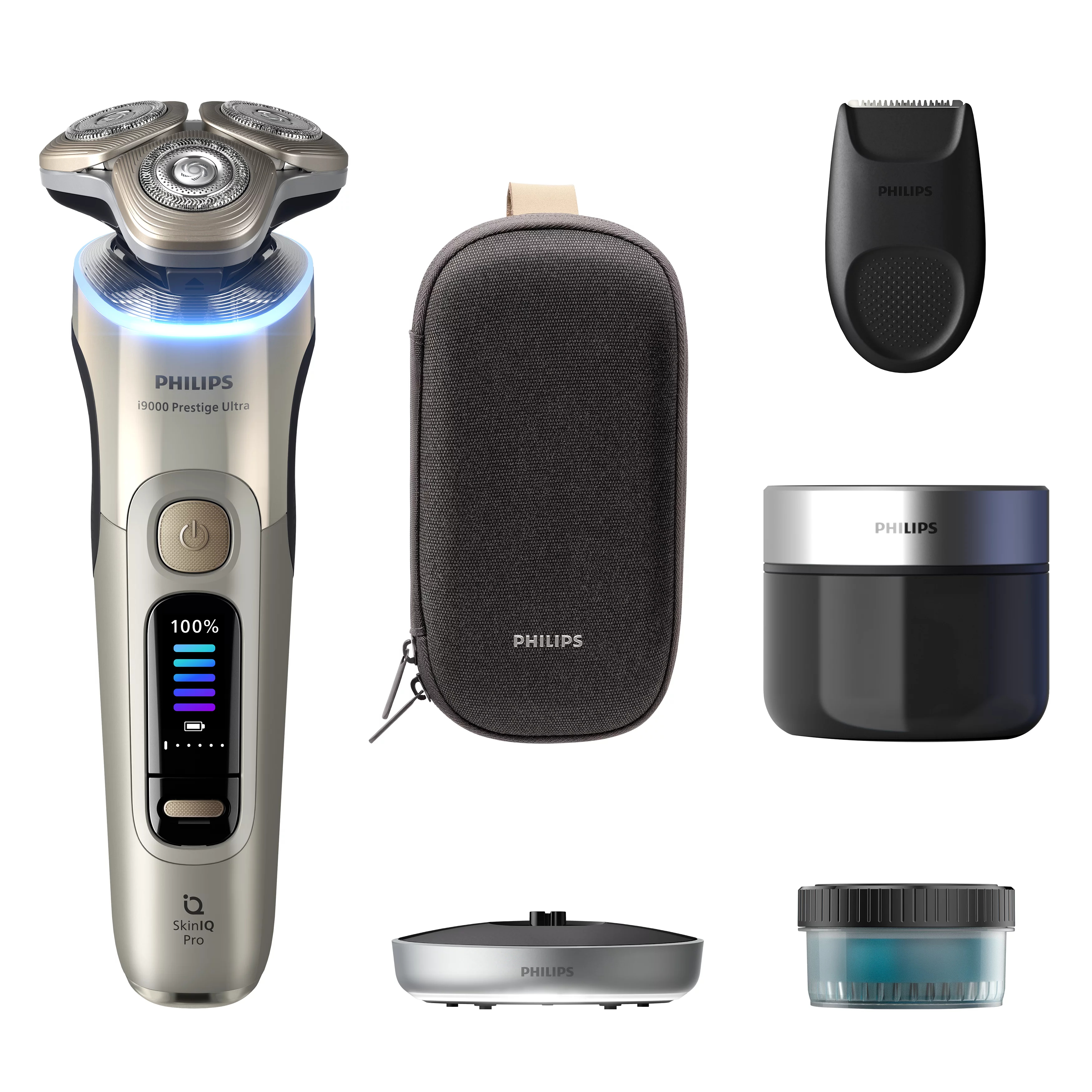 Afeitadora Philips con tres cabezales, accesorios y SkinIQ Pro. Colores plata y oro. Múltiples artículos.