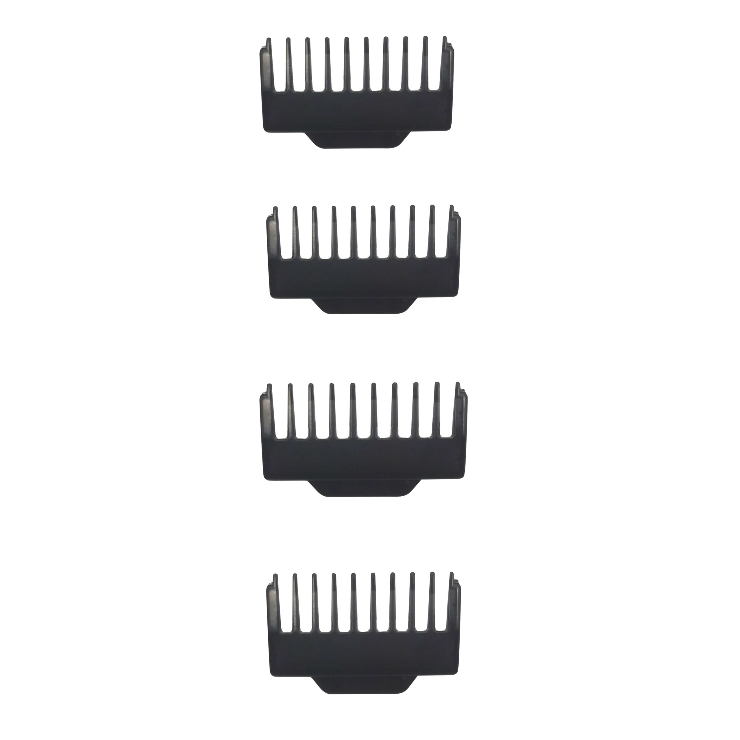 Cuatro accesorios de cortapelos negros sobre un fondo blanco. Los accesorios varían en longitud.